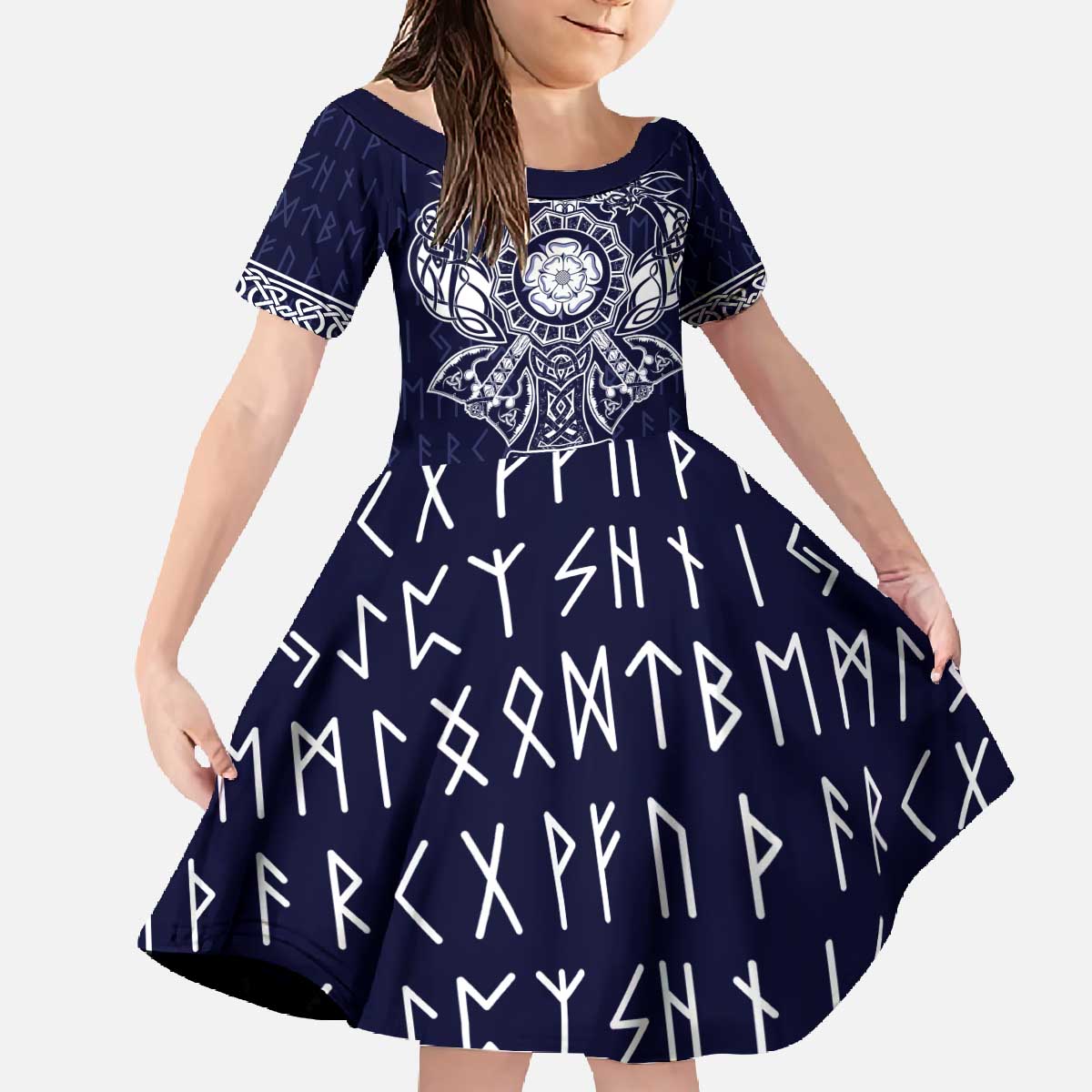 Vikings from Yorkshire Family Matching Off The Shoulder Long Sleeve Dress and Hawaiian Shirt Blue Spirit of Jorvik - Wonder Print Shop