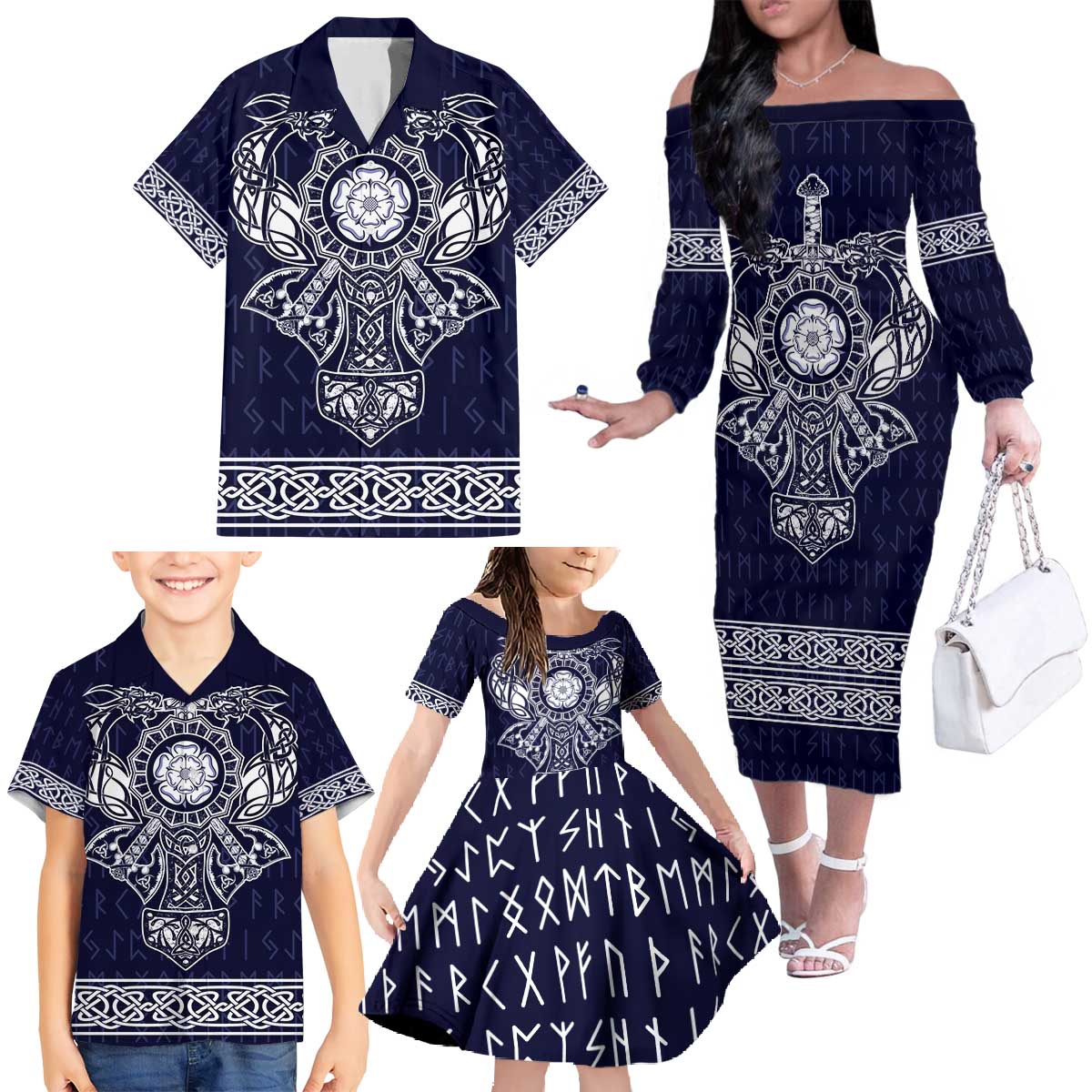Vikings from Yorkshire Family Matching Off The Shoulder Long Sleeve Dress and Hawaiian Shirt Blue Spirit of Jorvik - Wonder Print Shop