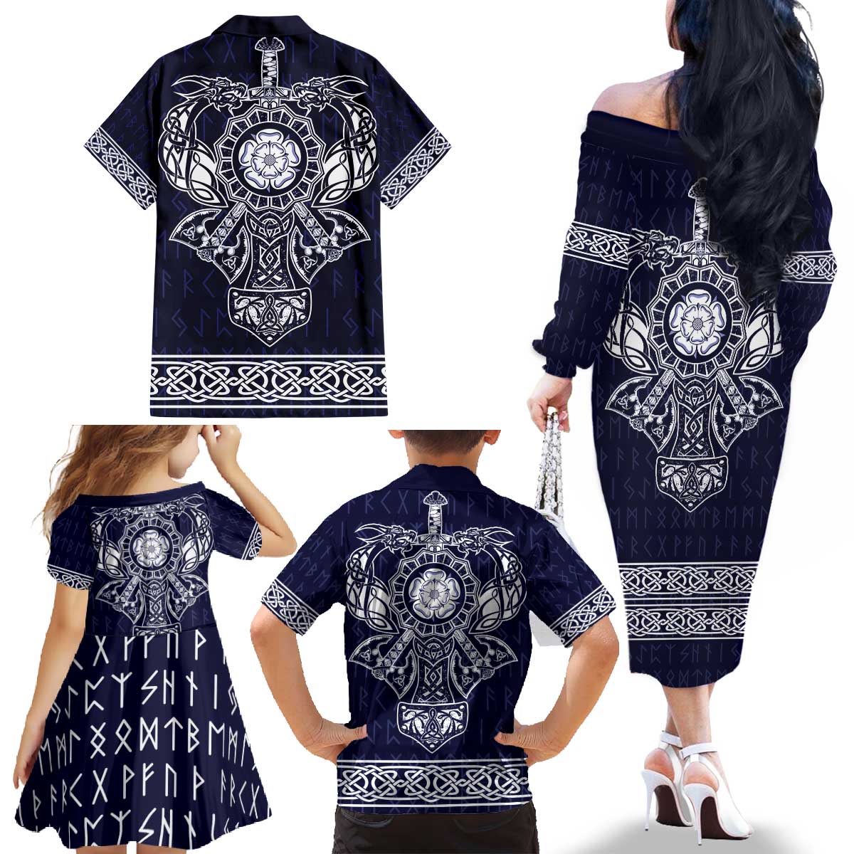 Vikings from Yorkshire Family Matching Off The Shoulder Long Sleeve Dress and Hawaiian Shirt Blue Spirit of Jorvik - Wonder Print Shop