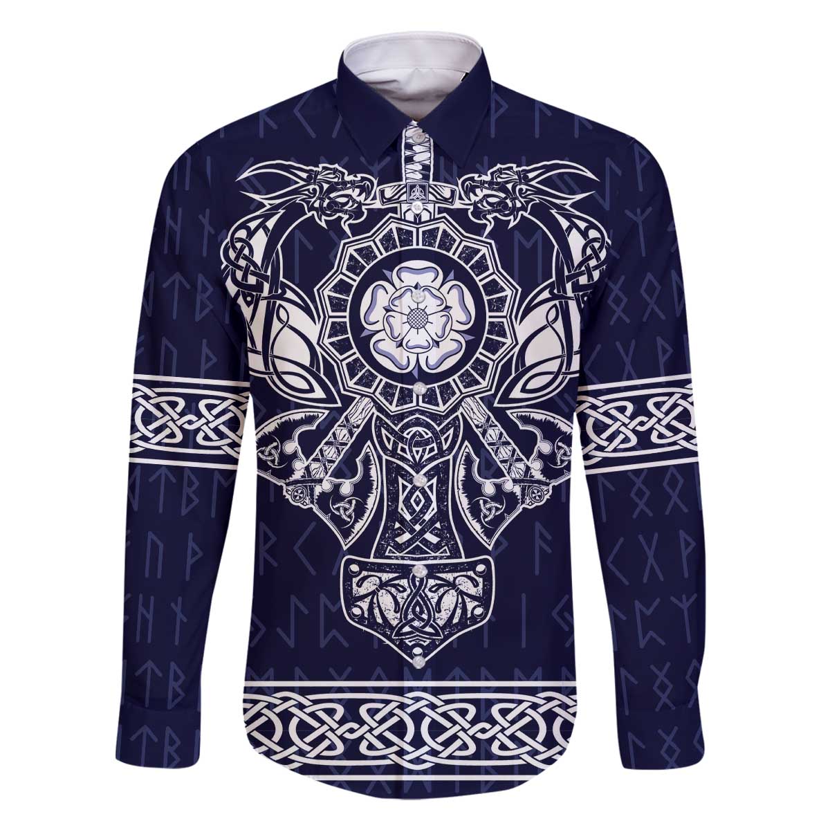 Vikings from Yorkshire Family Matching Off The Shoulder Long Sleeve Dress and Hawaiian Shirt Blue Spirit of Jorvik - Wonder Print Shop