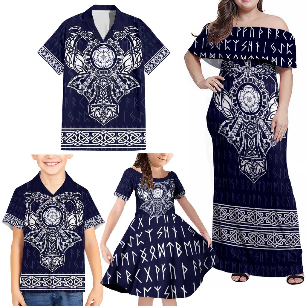 Vikings from Yorkshire Family Matching Off Shoulder Maxi Dress and Hawaiian Shirt Blue Spirit of Jorvik - Wonder Print Shop