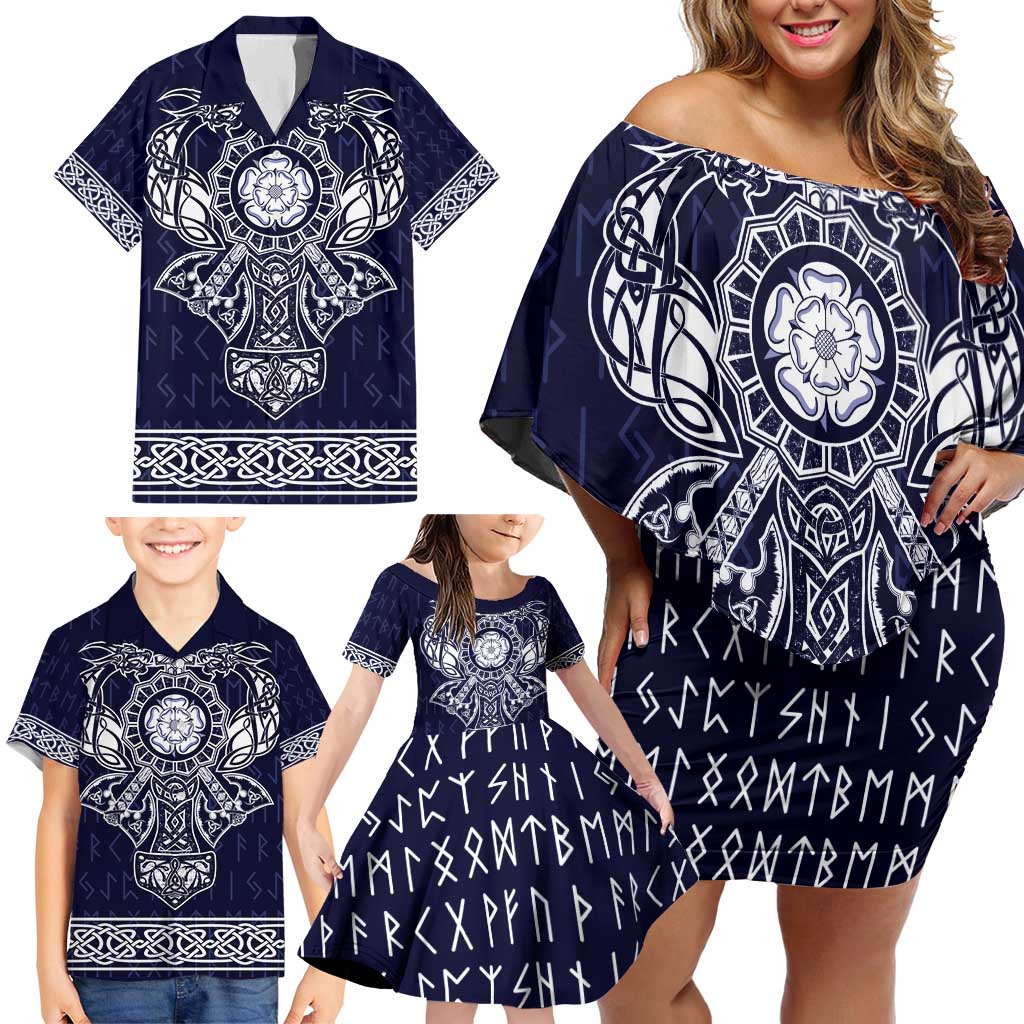 Vikings from Yorkshire Family Matching Off Shoulder Short Dress and Hawaiian Shirt Blue Spirit of Jorvik - Wonder Print Shop