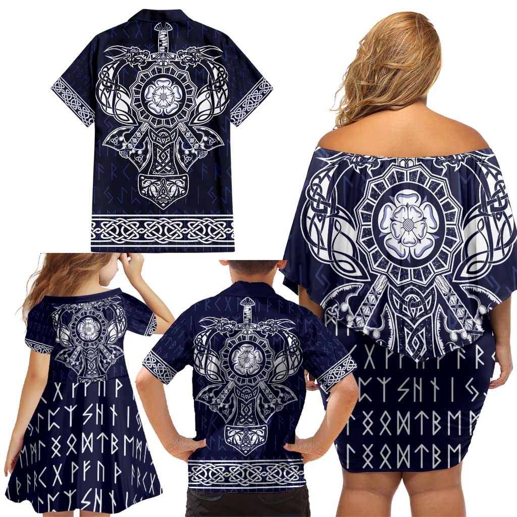 Vikings from Yorkshire Family Matching Off Shoulder Short Dress and Hawaiian Shirt Blue Spirit of Jorvik - Wonder Print Shop