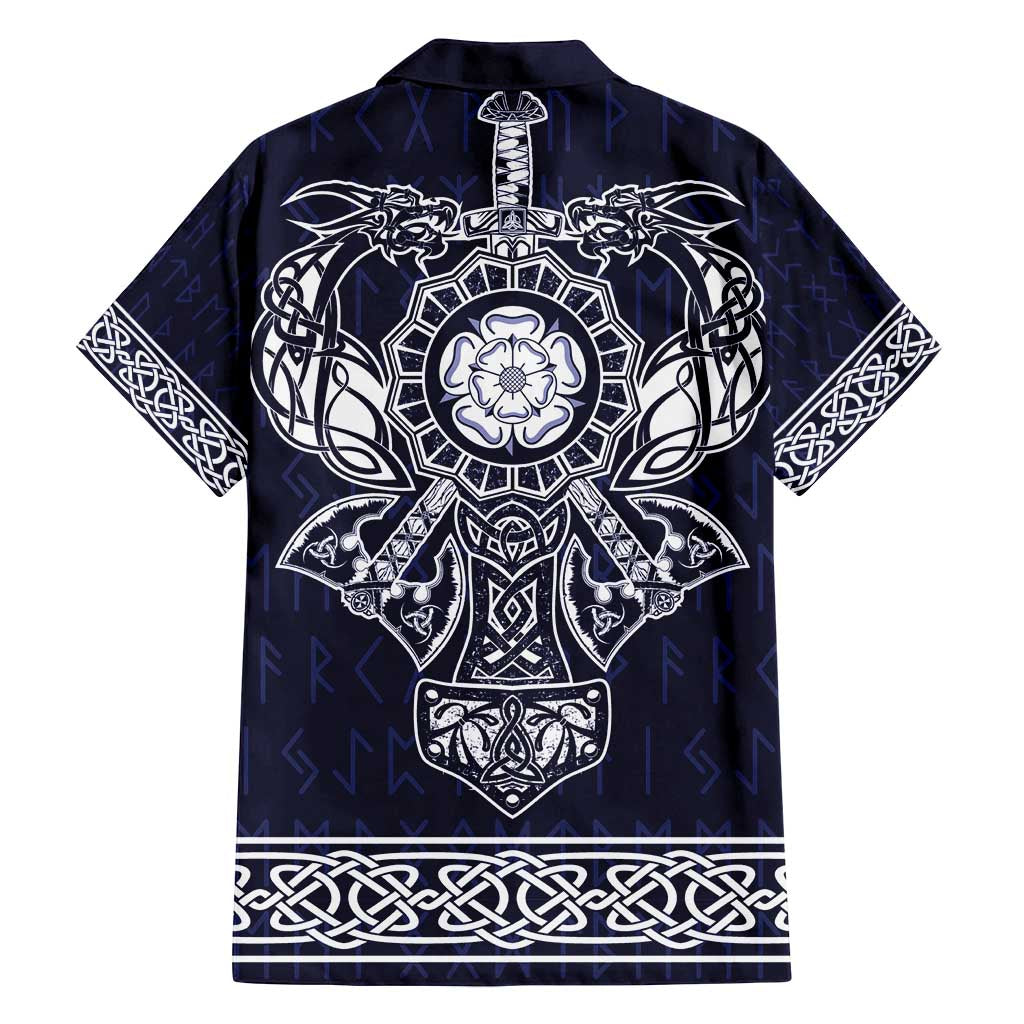 Vikings from Yorkshire Family Matching Off Shoulder Short Dress and Hawaiian Shirt Blue Spirit of Jorvik - Wonder Print Shop