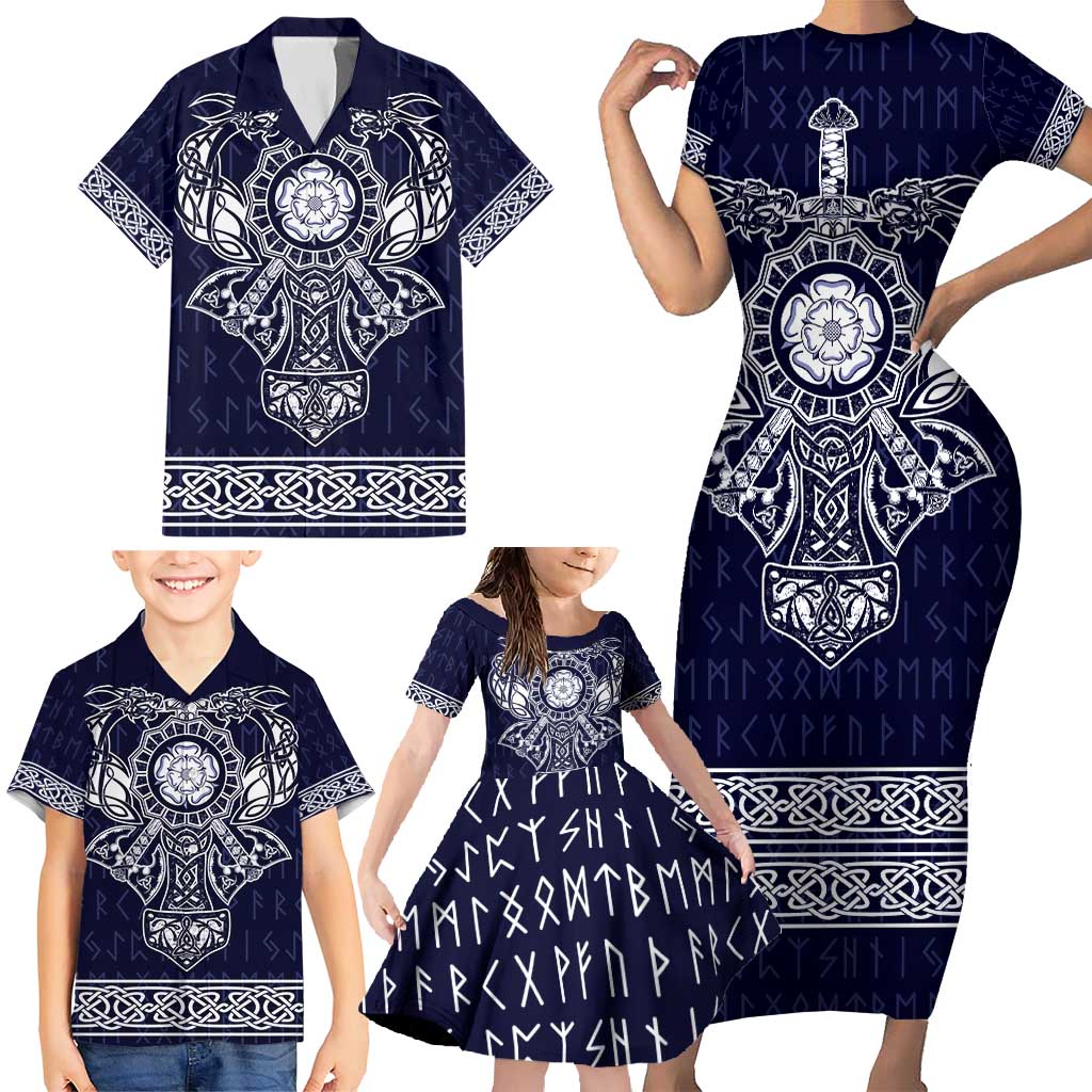 Vikings from Yorkshire Family Matching Short Sleeve Bodycon Dress and Hawaiian Shirt Blue Spirit of Jorvik - Wonder Print Shop