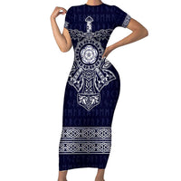 Vikings from Yorkshire Family Matching Short Sleeve Bodycon Dress and Hawaiian Shirt Blue Spirit of Jorvik - Wonder Print Shop