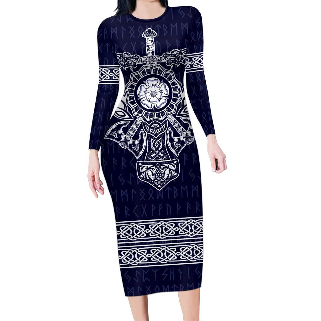 Vikings from Yorkshire Long Sleeve Bodycon Dress Blue Spirit of Jorvik - Wonder Print Shop