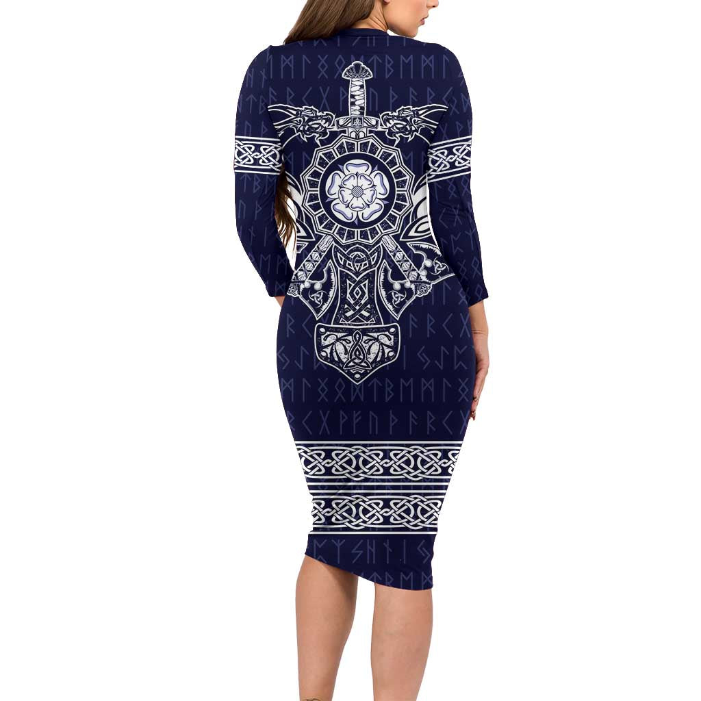 Vikings from Yorkshire Long Sleeve Bodycon Dress Blue Spirit of Jorvik - Wonder Print Shop