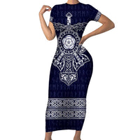Vikings from Yorkshire Short Sleeve Bodycon Dress Blue Spirit of Jorvik - Wonder Print Shop