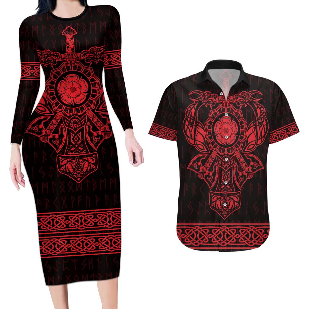 Vikings from Yorkshire Couples Matching Long Sleeve Bodycon Dress and Hawaiian Shirt Red Spirit of Jorvik - Wonder Print Shop