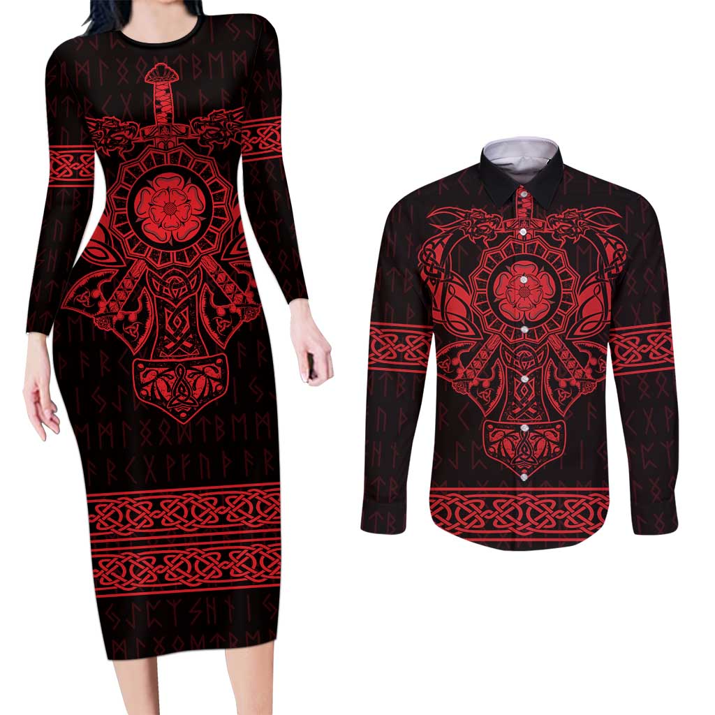 Vikings from Yorkshire Couples Matching Long Sleeve Bodycon Dress and Long Sleeve Button Shirt Red Spirit of Jorvik - Wonder Print Shop