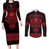 Vikings from Yorkshire Couples Matching Long Sleeve Bodycon Dress and Long Sleeve Button Shirt Red Spirit of Jorvik - Wonder Print Shop