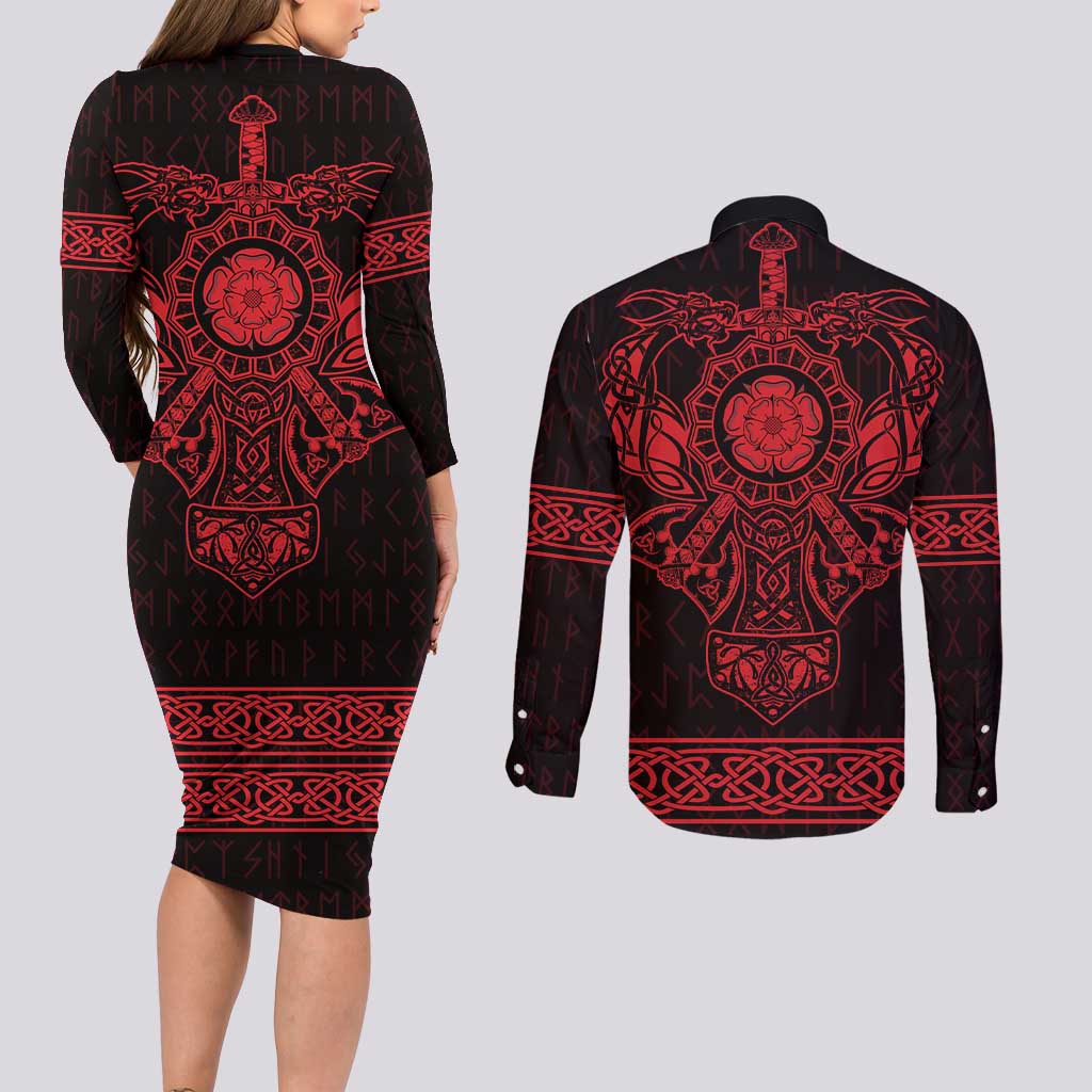 Vikings from Yorkshire Couples Matching Long Sleeve Bodycon Dress and Long Sleeve Button Shirt Red Spirit of Jorvik - Wonder Print Shop
