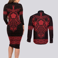 Vikings from Yorkshire Couples Matching Long Sleeve Bodycon Dress and Long Sleeve Button Shirt Red Spirit of Jorvik - Wonder Print Shop