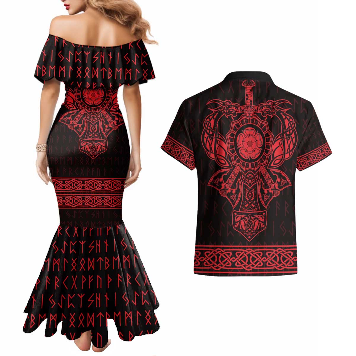 Vikings from Yorkshire Couples Matching Mermaid Dress and Hawaiian Shirt Red Spirit of Jorvik - Wonder Print Shop