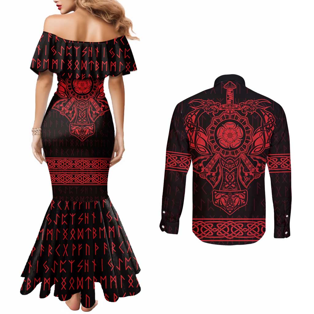Vikings from Yorkshire Couples Matching Mermaid Dress and Long Sleeve Button Shirt Red Spirit of Jorvik - Wonder Print Shop