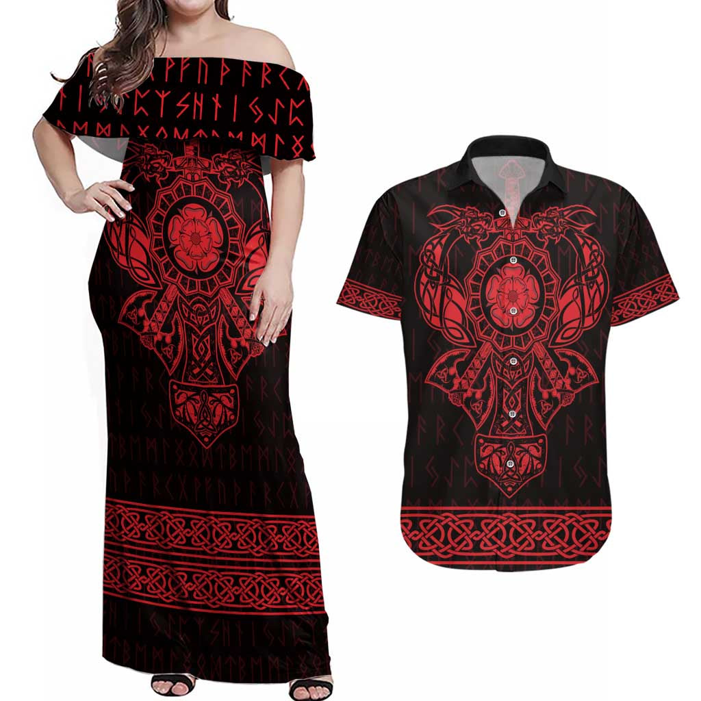Vikings from Yorkshire Couples Matching Off Shoulder Maxi Dress and Hawaiian Shirt Red Spirit of Jorvik - Wonder Print Shop