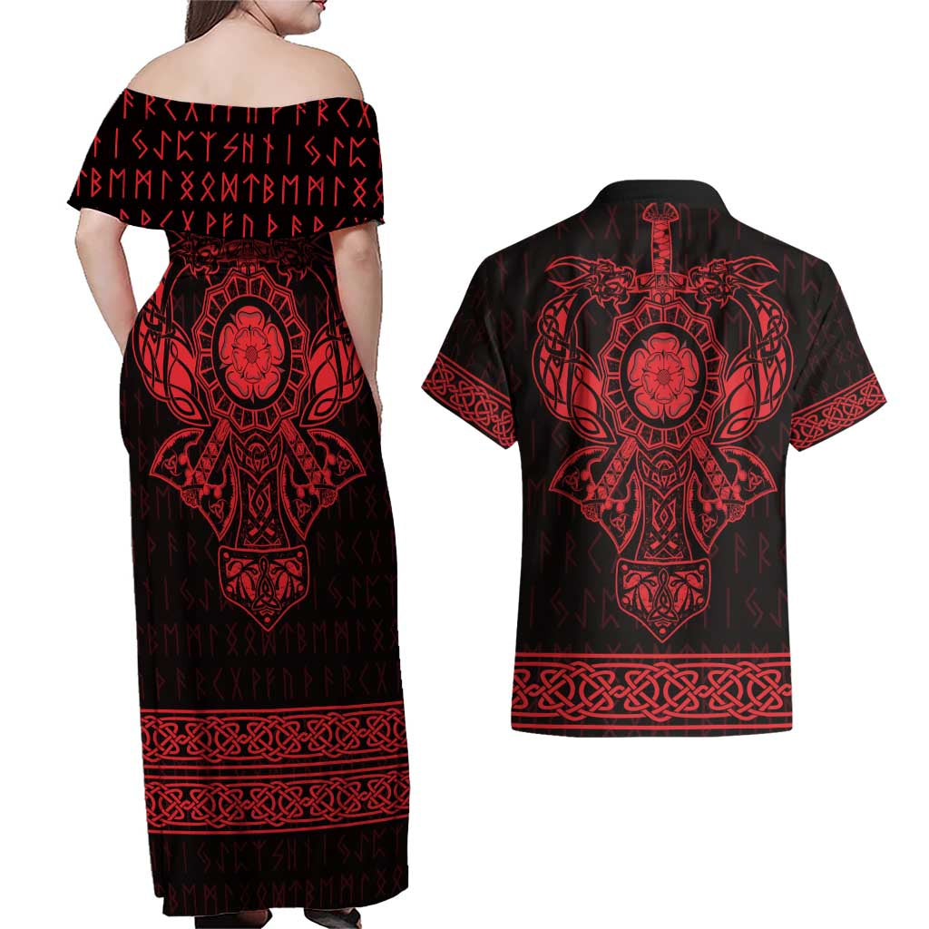 Vikings from Yorkshire Couples Matching Off Shoulder Maxi Dress and Hawaiian Shirt Red Spirit of Jorvik - Wonder Print Shop