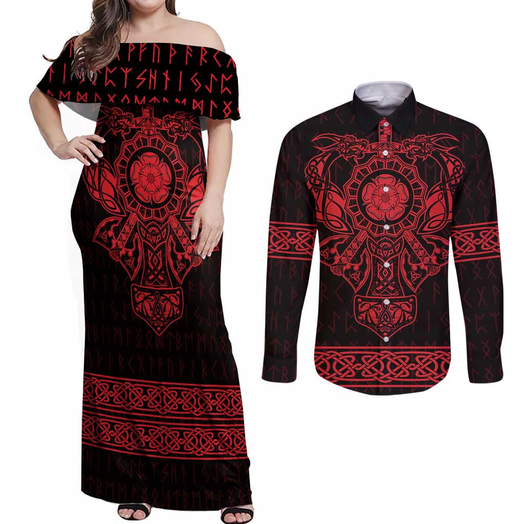 Vikings from Yorkshire Couples Matching Off Shoulder Maxi Dress and Long Sleeve Button Shirt Red Spirit of Jorvik - Wonder Print Shop
