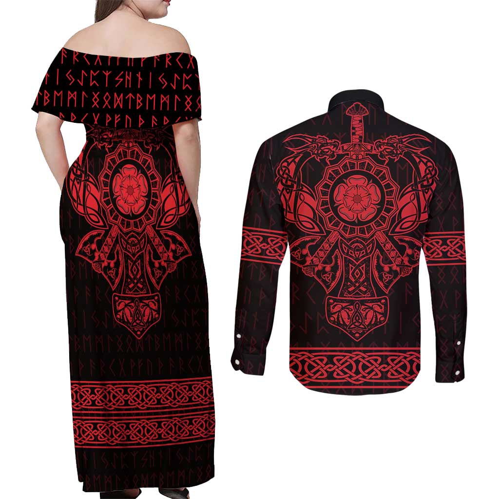 Vikings from Yorkshire Couples Matching Off Shoulder Maxi Dress and Long Sleeve Button Shirt Red Spirit of Jorvik - Wonder Print Shop