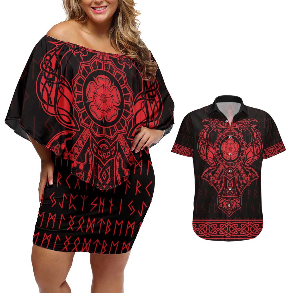 Vikings from Yorkshire Couples Matching Off Shoulder Short Dress and Hawaiian Shirt Red Spirit of Jorvik - Wonder Print Shop