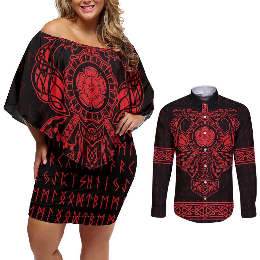 Vikings from Yorkshire Couples Matching Off Shoulder Short Dress and Long Sleeve Button Shirt Red Spirit of Jorvik - Wonder Print Shop
