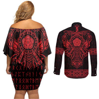 Vikings from Yorkshire Couples Matching Off Shoulder Short Dress and Long Sleeve Button Shirt Red Spirit of Jorvik - Wonder Print Shop