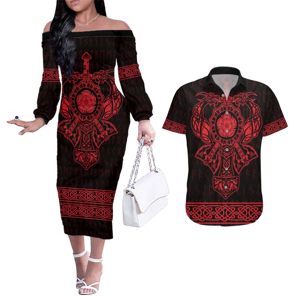 Vikings from Yorkshire Couples Matching Off The Shoulder Long Sleeve Dress and Hawaiian Shirt Red Spirit of Jorvik - Wonder Print Shop