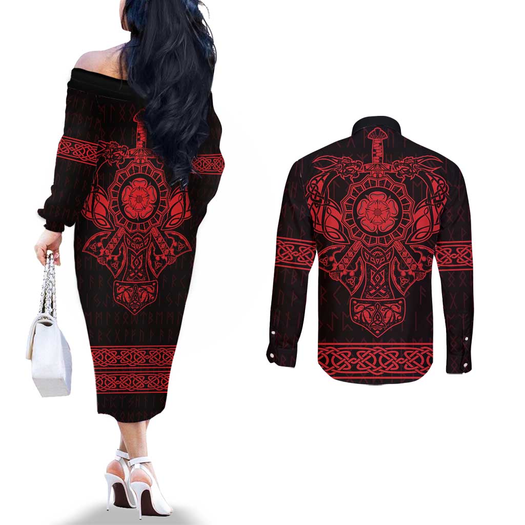 Vikings from Yorkshire Couples Matching Off The Shoulder Long Sleeve Dress and Long Sleeve Button Shirt Red Spirit of Jorvik - Wonder Print Shop