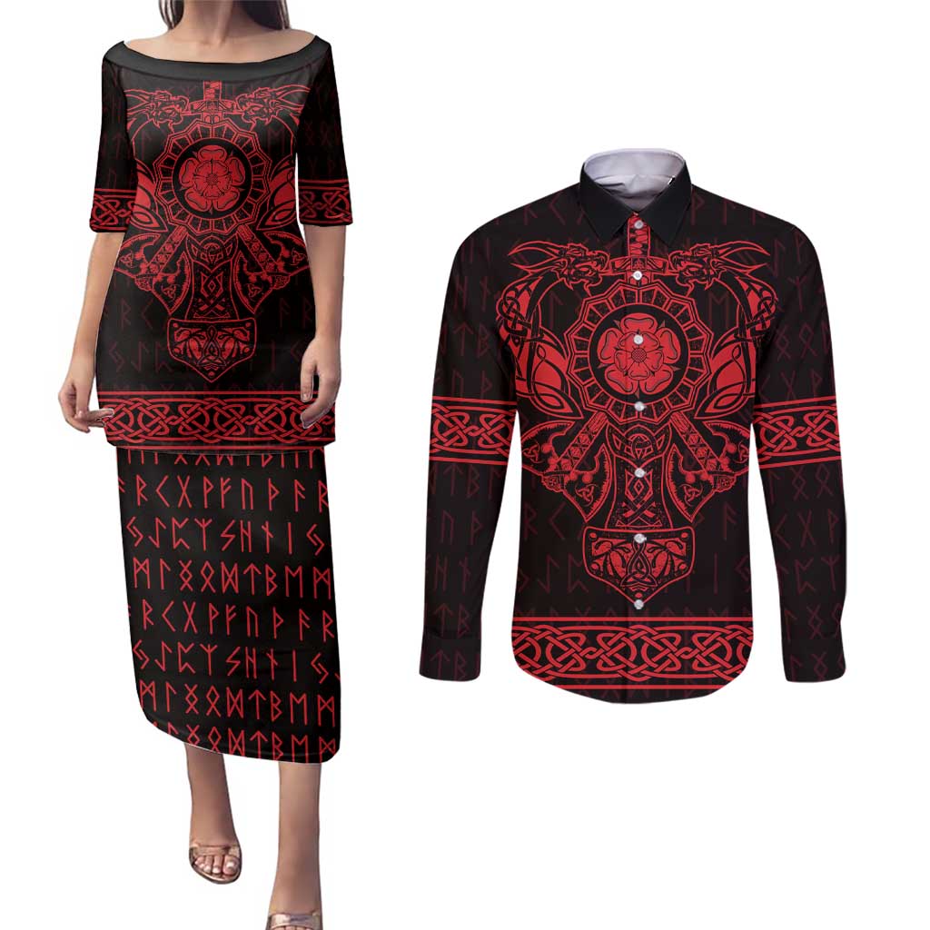 Vikings from Yorkshire Couples Matching Puletasi and Long Sleeve Button Shirt Red Spirit of Jorvik - Wonder Print Shop