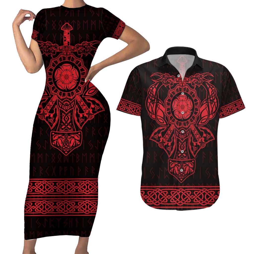 Vikings from Yorkshire Couples Matching Short Sleeve Bodycon Dress and Hawaiian Shirt Red Spirit of Jorvik - Wonder Print Shop