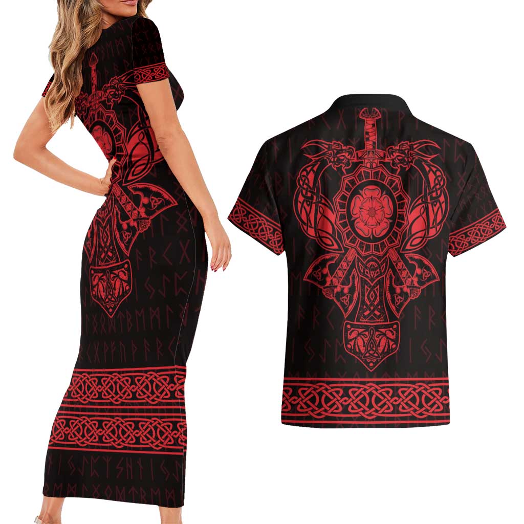 Vikings from Yorkshire Couples Matching Short Sleeve Bodycon Dress and Hawaiian Shirt Red Spirit of Jorvik - Wonder Print Shop