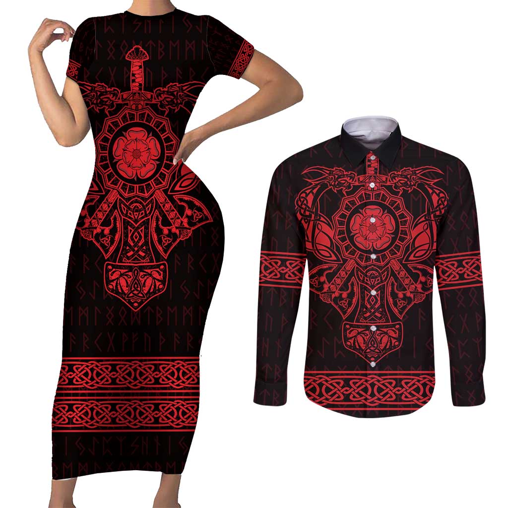 Vikings from Yorkshire Couples Matching Short Sleeve Bodycon Dress and Long Sleeve Button Shirt Red Spirit of Jorvik - Wonder Print Shop