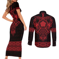Vikings from Yorkshire Couples Matching Short Sleeve Bodycon Dress and Long Sleeve Button Shirt Red Spirit of Jorvik - Wonder Print Shop