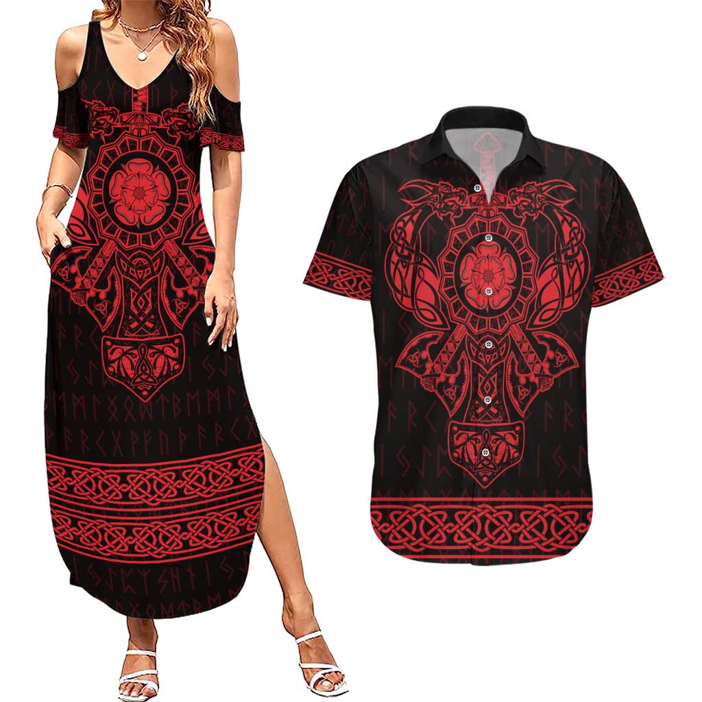 Vikings from Yorkshire Couples Matching Summer Maxi Dress and Hawaiian Shirt Red Spirit of Jorvik - Wonder Print Shop