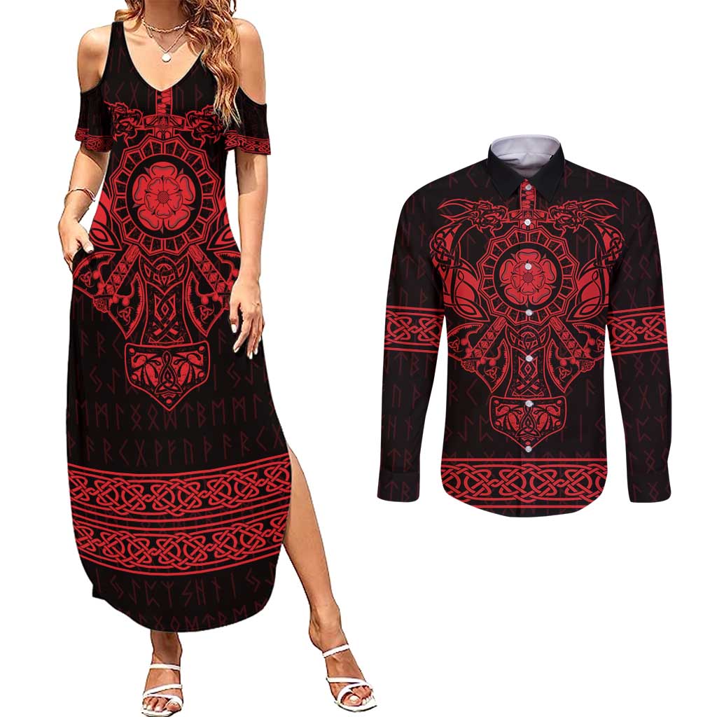 Vikings from Yorkshire Couples Matching Summer Maxi Dress and Long Sleeve Button Shirt Red Spirit of Jorvik - Wonder Print Shop