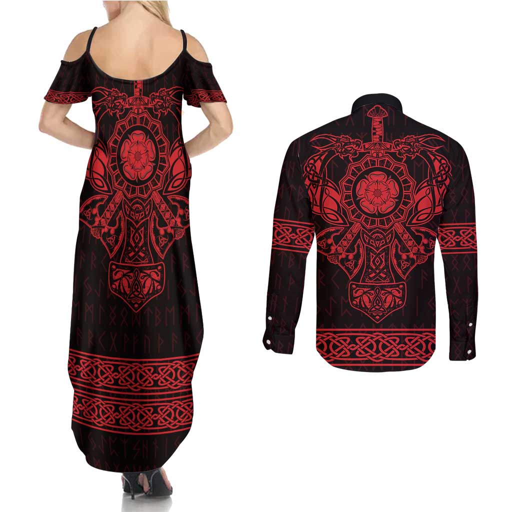Vikings from Yorkshire Couples Matching Summer Maxi Dress and Long Sleeve Button Shirt Red Spirit of Jorvik - Wonder Print Shop