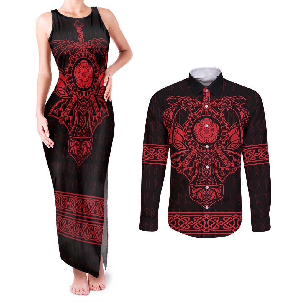 Vikings from Yorkshire Couples Matching Tank Maxi Dress and Long Sleeve Button Shirt Red Spirit of Jorvik - Wonder Print Shop