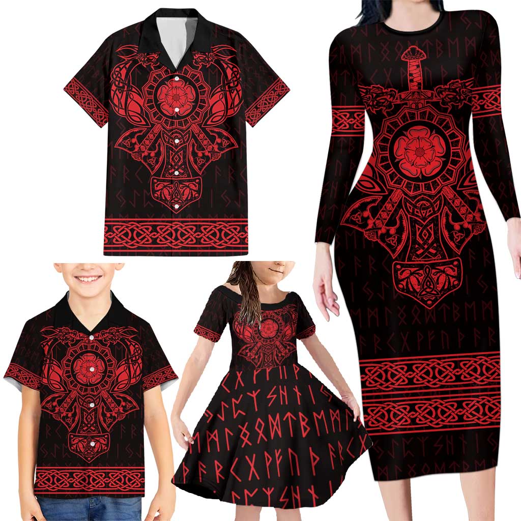 Vikings from Yorkshire Family Matching Long Sleeve Bodycon Dress and Hawaiian Shirt Red Spirit of Jorvik - Wonder Print Shop