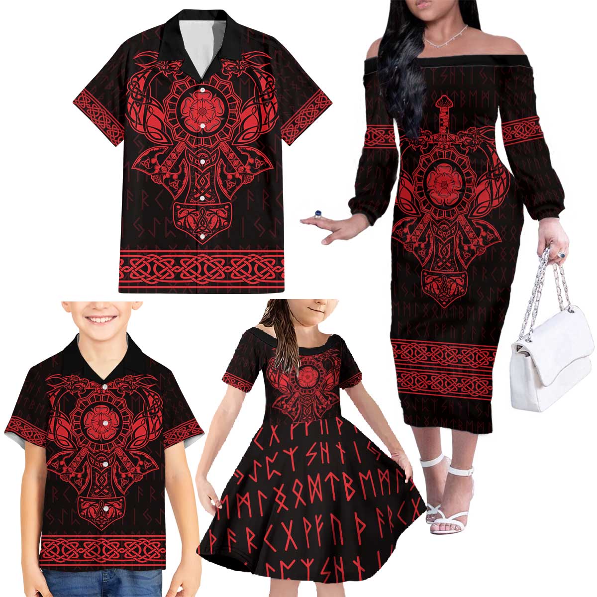 Vikings from Yorkshire Family Matching Off The Shoulder Long Sleeve Dress and Hawaiian Shirt Red Spirit of Jorvik - Wonder Print Shop