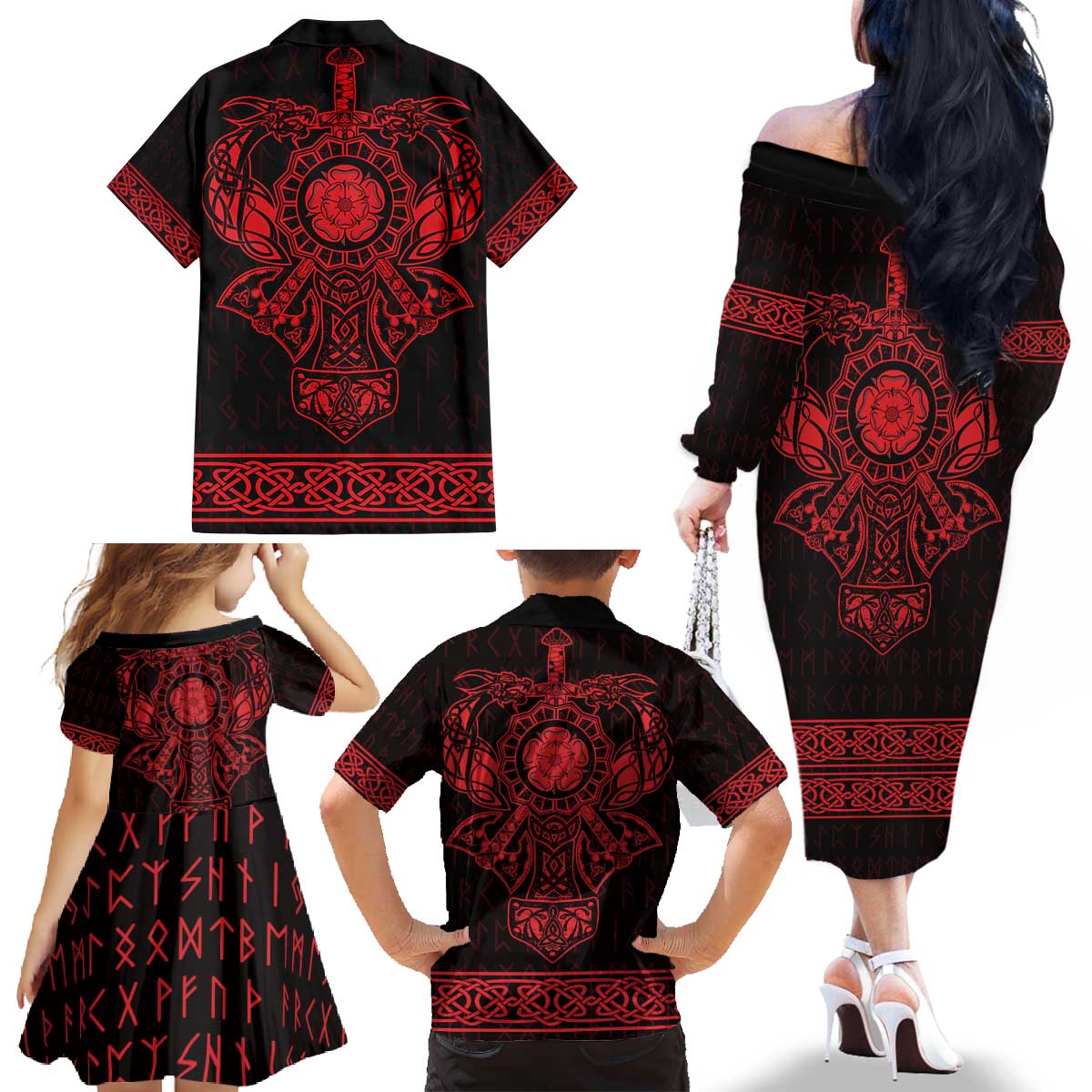 Vikings from Yorkshire Family Matching Off The Shoulder Long Sleeve Dress and Hawaiian Shirt Red Spirit of Jorvik - Wonder Print Shop