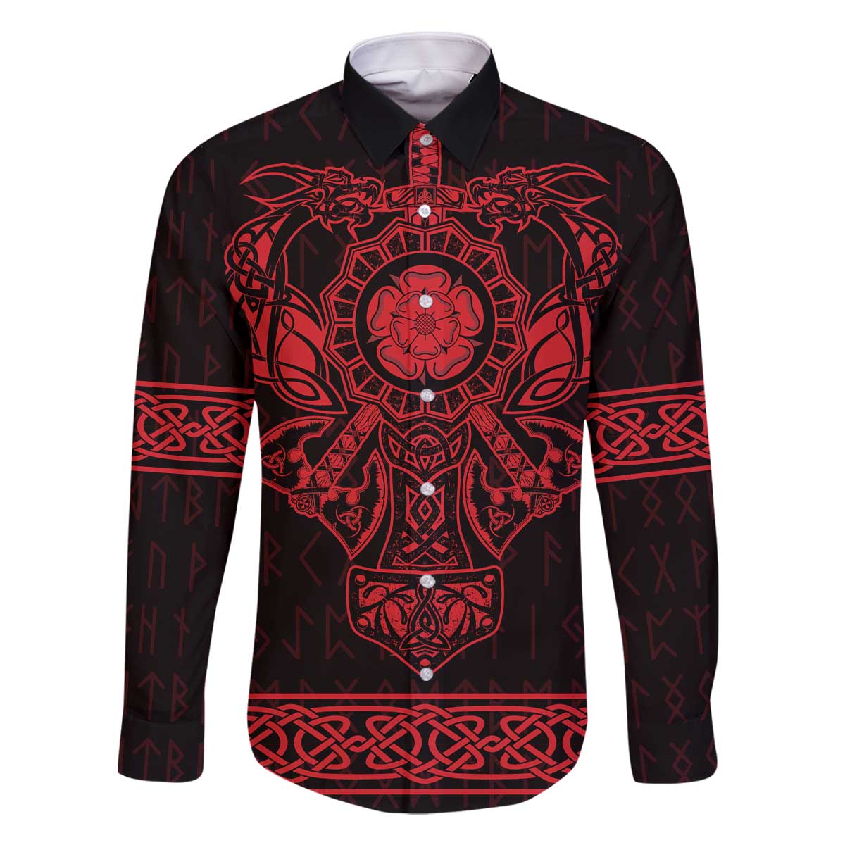 Vikings from Yorkshire Family Matching Off The Shoulder Long Sleeve Dress and Hawaiian Shirt Red Spirit of Jorvik - Wonder Print Shop