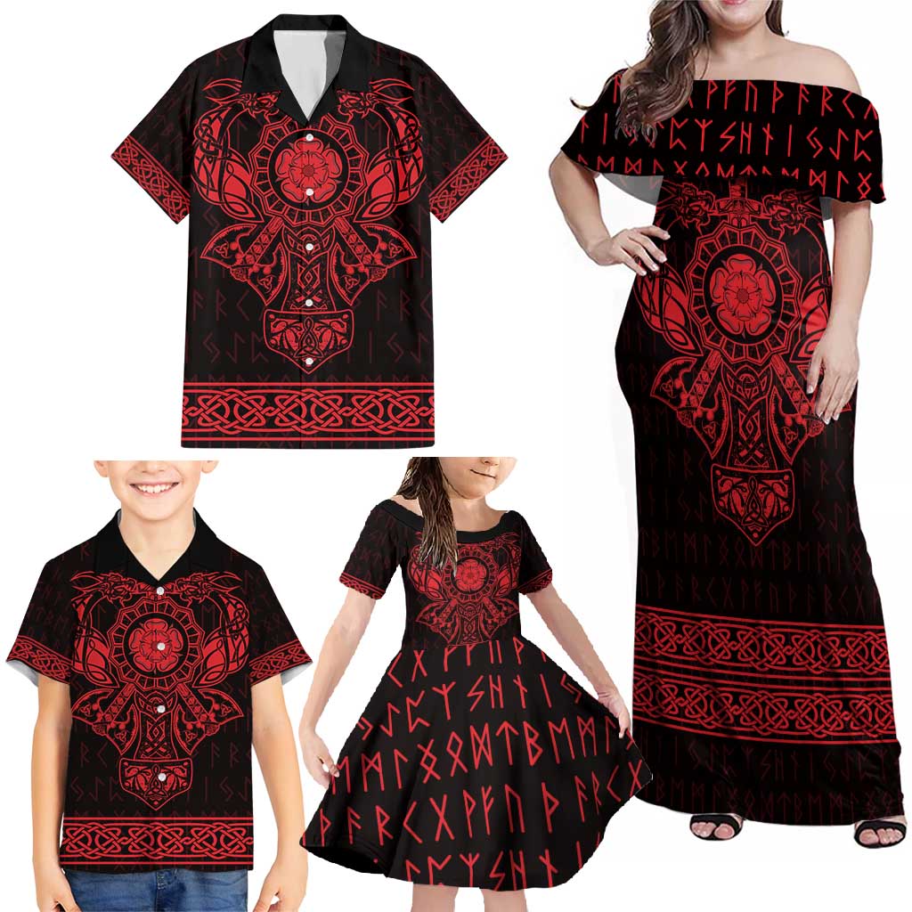 Vikings from Yorkshire Family Matching Off Shoulder Maxi Dress and Hawaiian Shirt Red Spirit of Jorvik - Wonder Print Shop