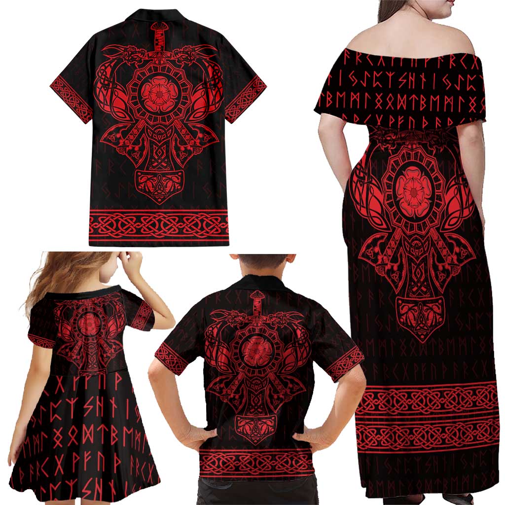 Vikings from Yorkshire Family Matching Off Shoulder Maxi Dress and Hawaiian Shirt Red Spirit of Jorvik - Wonder Print Shop