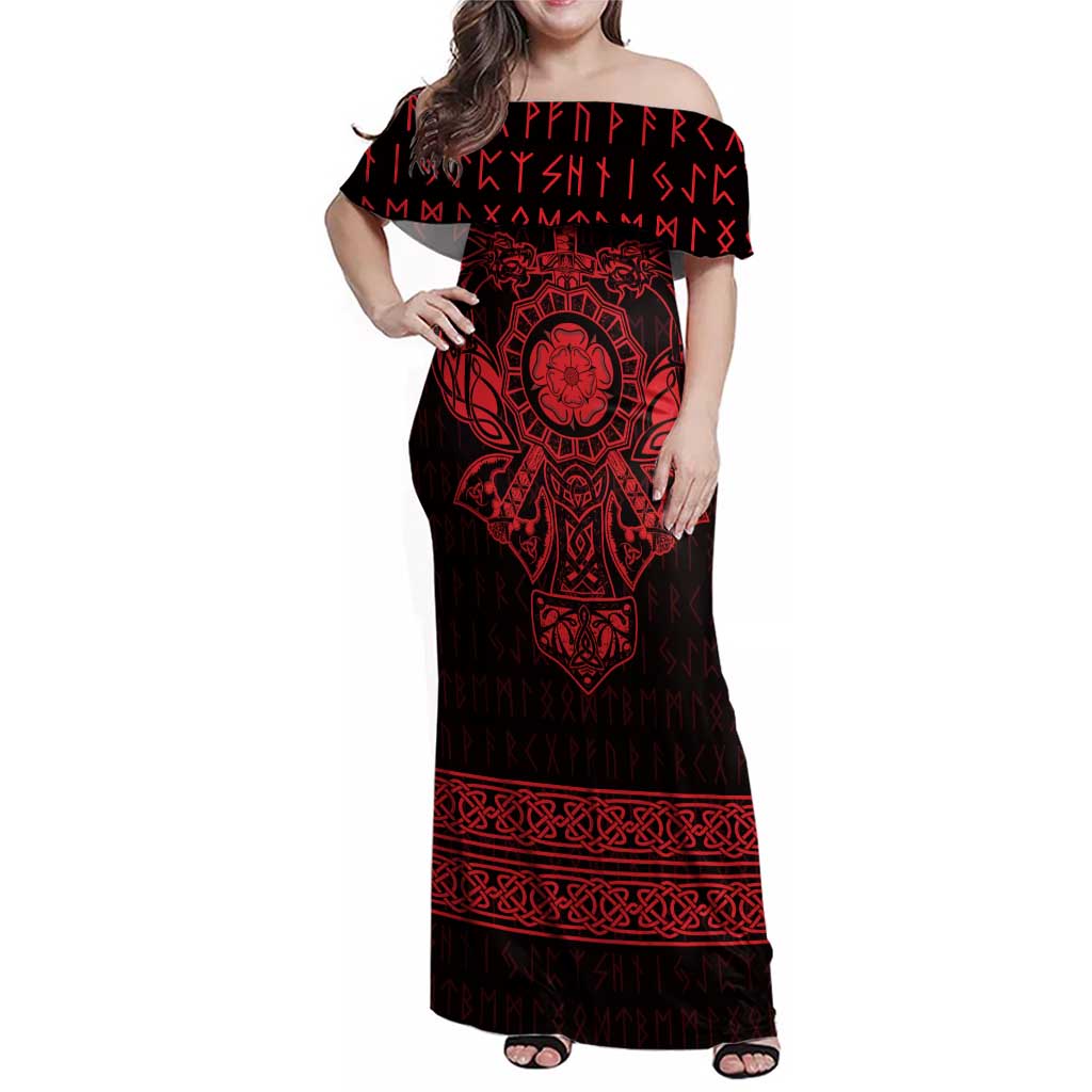 Vikings from Yorkshire Family Matching Off Shoulder Maxi Dress and Hawaiian Shirt Red Spirit of Jorvik - Wonder Print Shop