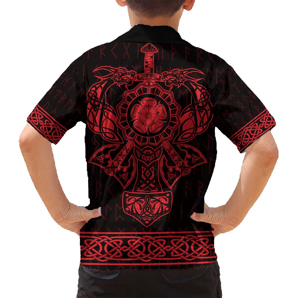 Vikings from Yorkshire Family Matching Off Shoulder Short Dress and Hawaiian Shirt Red Spirit of Jorvik - Wonder Print Shop