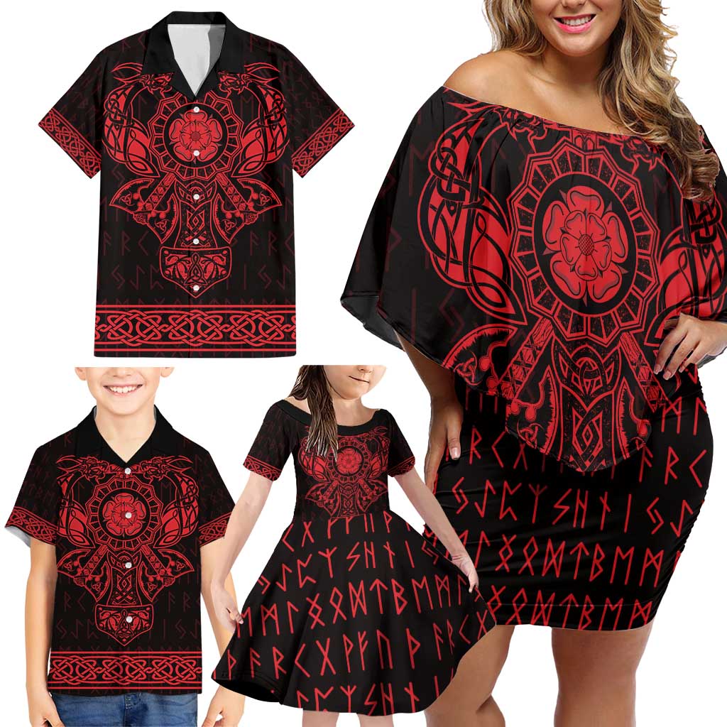 Vikings from Yorkshire Family Matching Off Shoulder Short Dress and Hawaiian Shirt Red Spirit of Jorvik - Wonder Print Shop