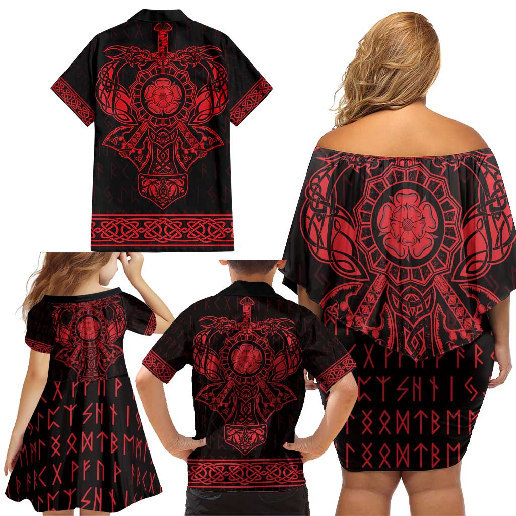 Vikings from Yorkshire Family Matching Off Shoulder Short Dress and Hawaiian Shirt Red Spirit of Jorvik - Wonder Print Shop