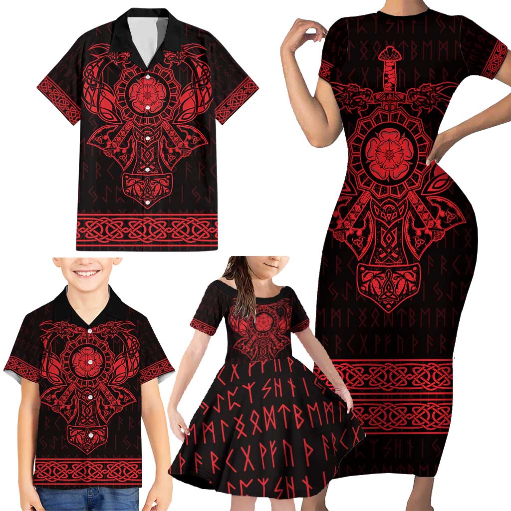 Vikings from Yorkshire Family Matching Short Sleeve Bodycon Dress and Hawaiian Shirt Red Spirit of Jorvik - Wonder Print Shop
