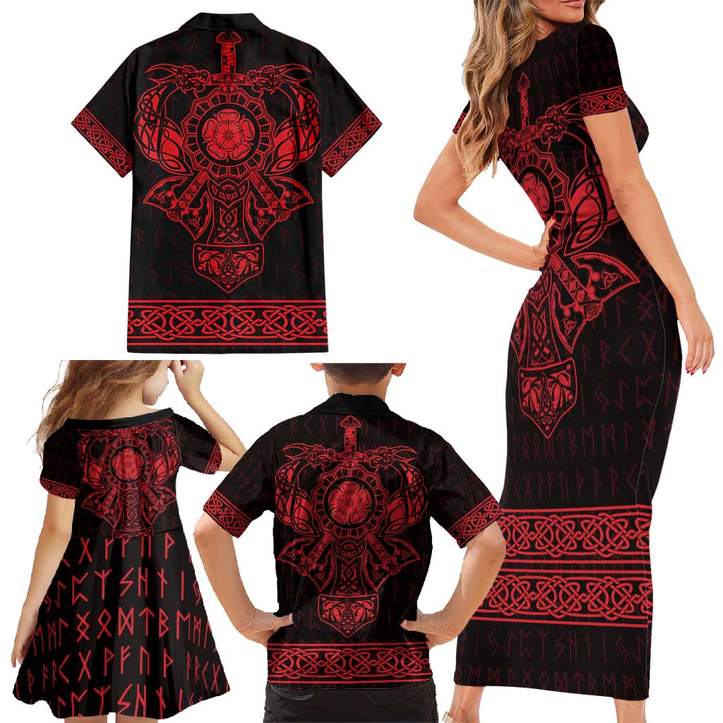 Vikings from Yorkshire Family Matching Short Sleeve Bodycon Dress and Hawaiian Shirt Red Spirit of Jorvik - Wonder Print Shop